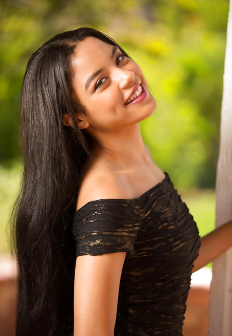 Slender american youthful Maya Bijou in skirt exposing tiny tits and butt outdoor